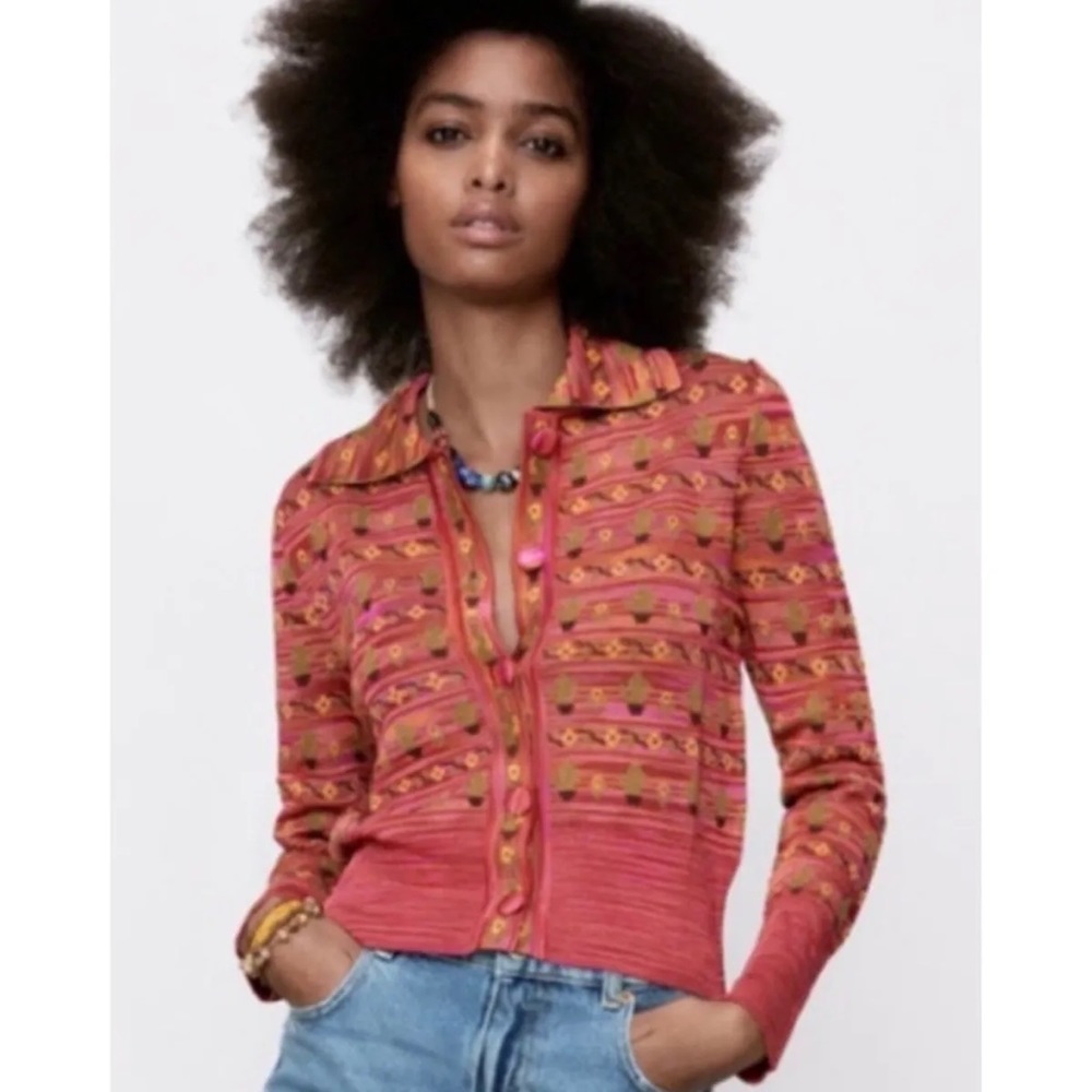 Zara Cactus Flower Knit Jacquard Printed Cardigan Sweater Blogger Favorite